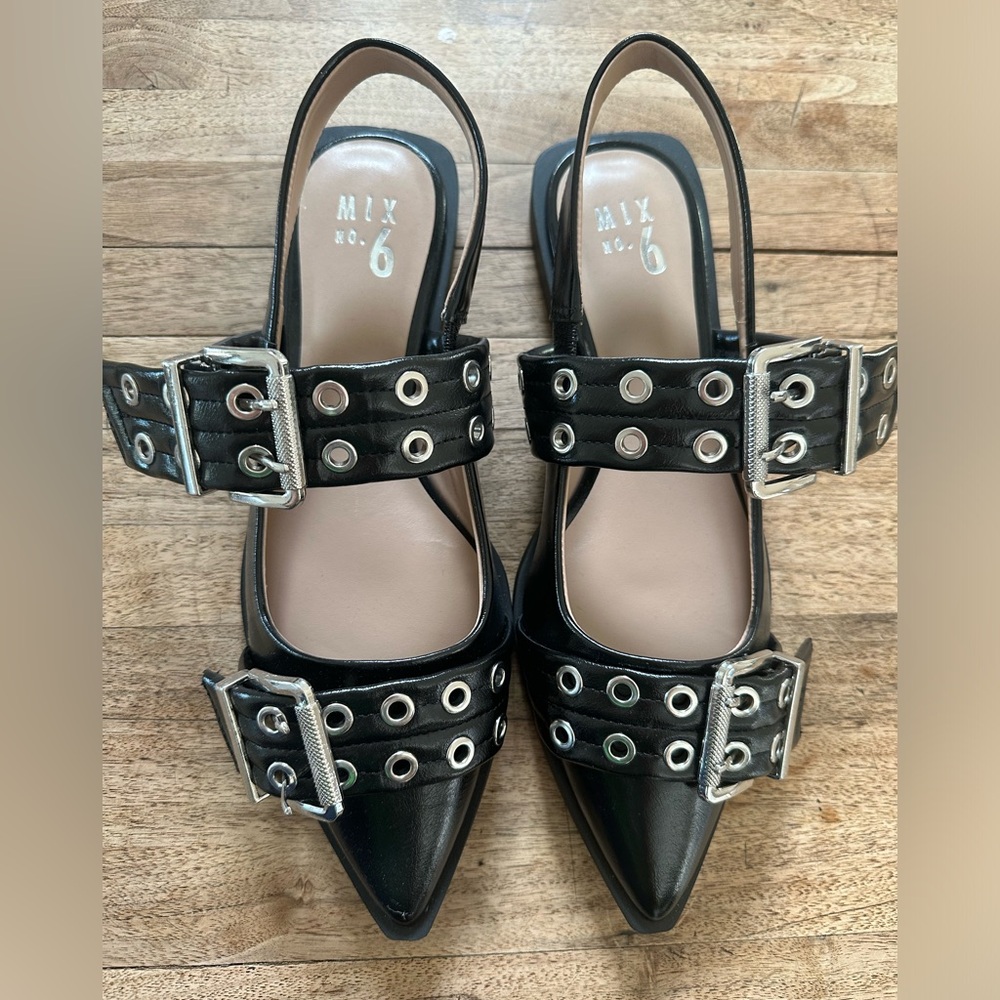 Black pointed toe slingback flat